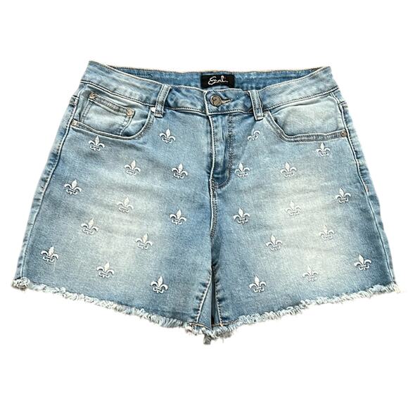 Earl Jean Blue Embroidered‎ Fleur-De-Lis Mid Rise Stretch Fringe Denim Shorts 10 - Picture 1 of 8